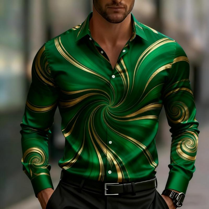 Camicia da uomo a maniche lunghe con stampa geometrica, elegante camicia button-down, moderno motivo a vortici e righe per l'uso quotidiano.