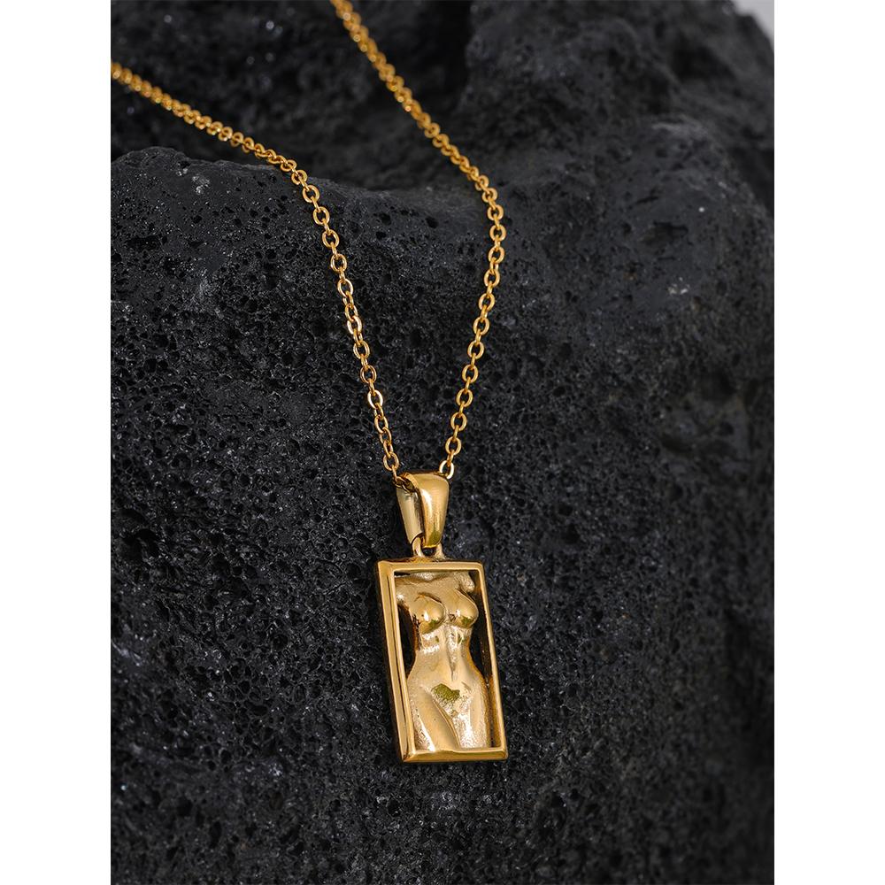 Yhpup Statement Body Square Pendant Stainless Steel Statement Necklace Gold Color Texture Metal Personalized Jewelry