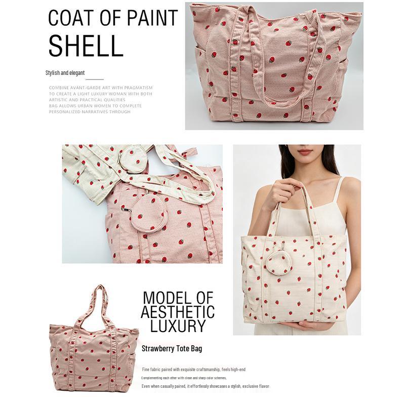 Cute Strawberry Floral Canvas Shoulder Bag for Students with Large Capacity