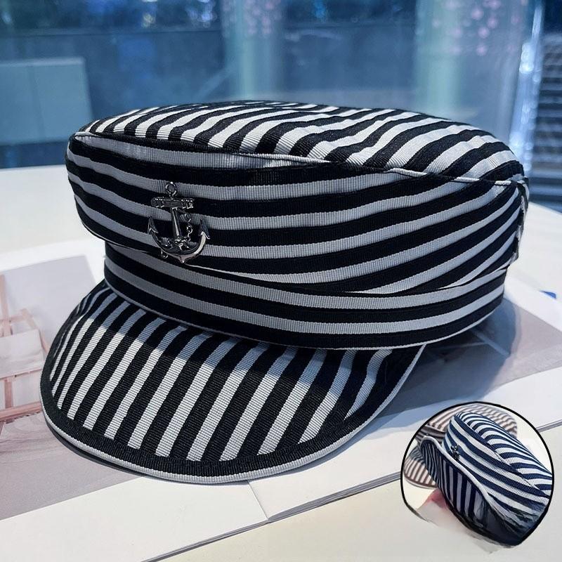 Nautical Striped Sailor Hat With Wide Brim Sun Protection For Summer Beach Style