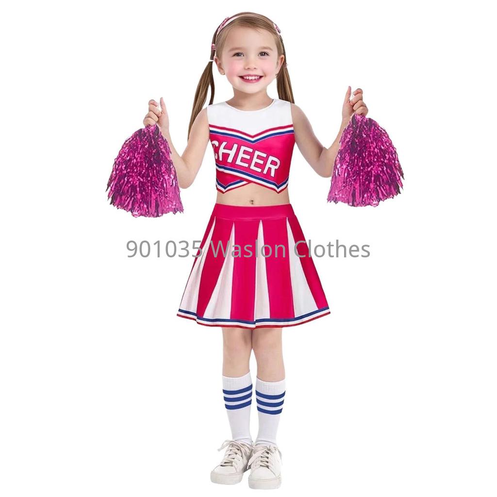 Women Girl Cheerleading Costume Sleeveless Dress Hand Flower With Stockings Dance Costume Set Schoolgirl Cheerleading Dance Suit