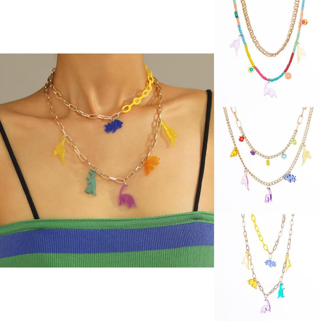 Fashion Jewelry Trendsetting Multilayer Dinosaur And Flower Necklace Women For