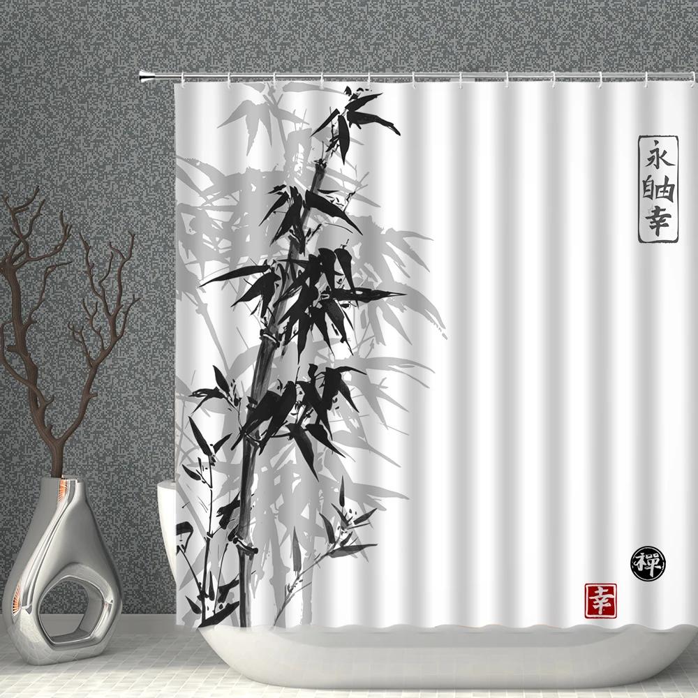 Bamboo Shower Curtain Plant Ink Painting Bathroom Curtain PolyesterFabric White Background Home Decoration With Hook Bath Decor