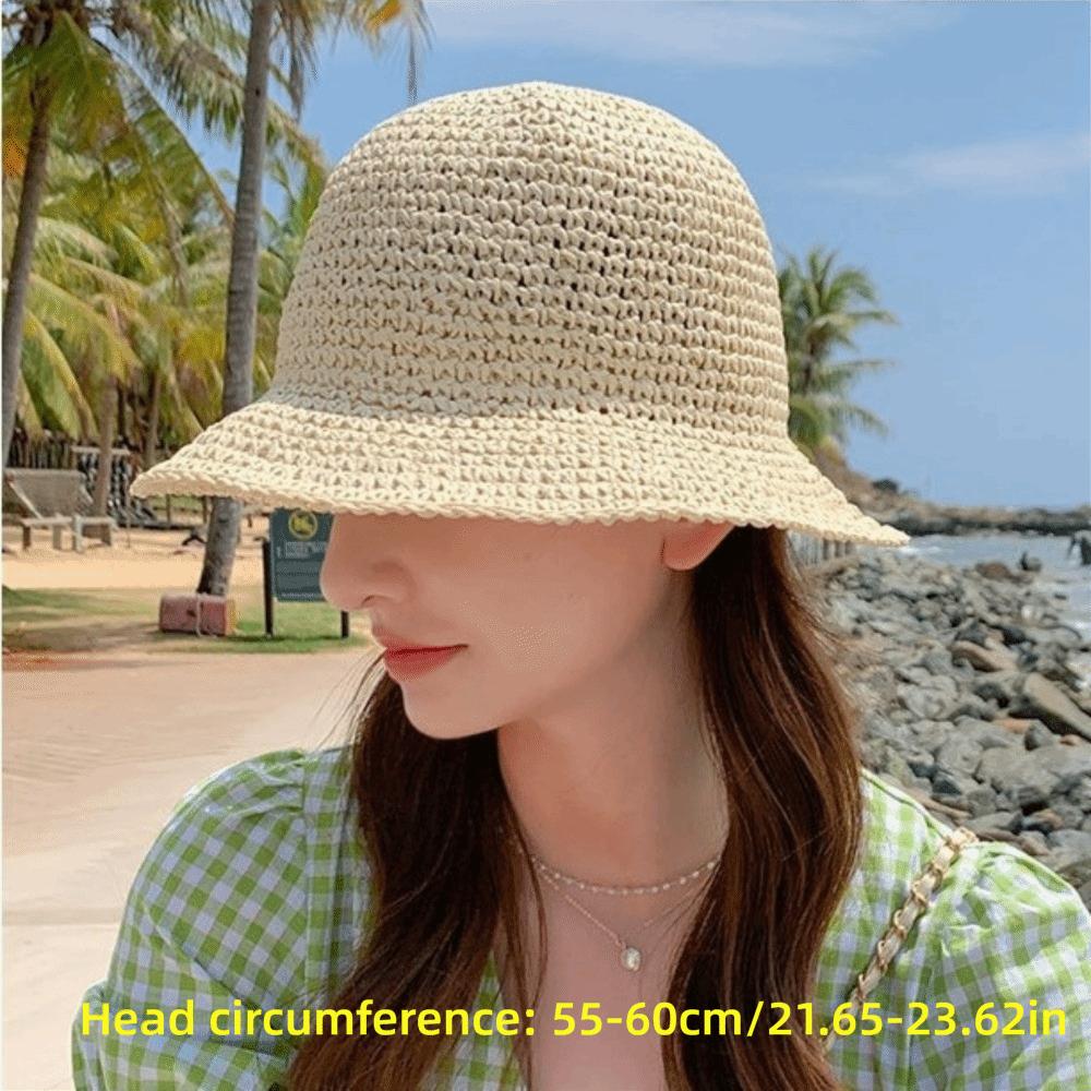 Fashion UV Protection Straw Bucket Hat Foldable Hand Weaving Outdoor Sunshade Cap Breathable Fisherman Hat for Women Beach