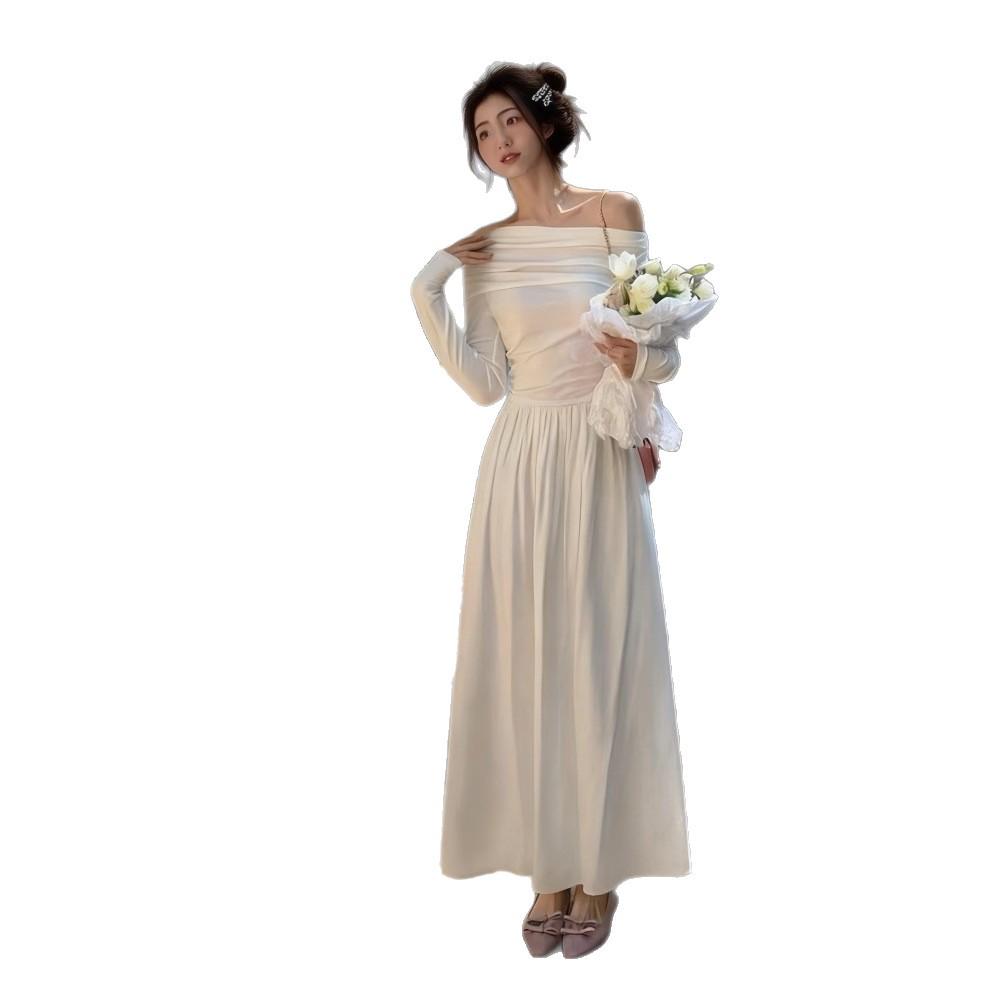 Off-White One-Shoulder Long-Sleeve Maxi Dress - 2026 High-End French Style Spring Collection