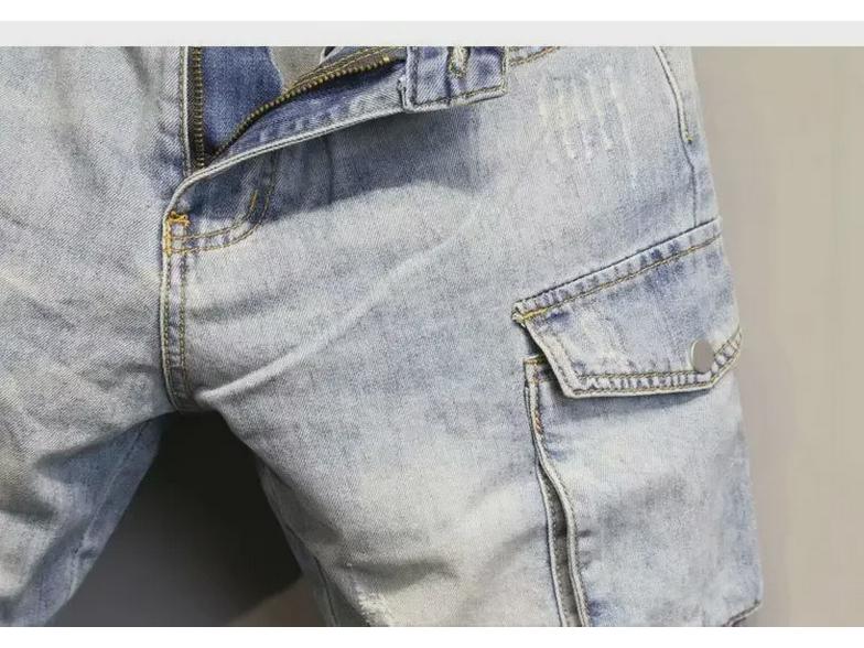 Men's Slim Light Blue Denim Workwear Shorts with Contrast Pockets