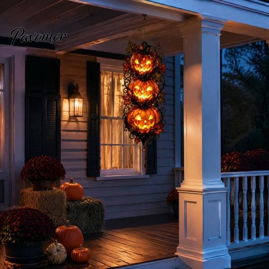 Retro Halloween Party Supplies Triple Stacked Jack-o'-Lantern Door Hanger, 2D Pumpkin Wall Hanging Ornament, Spooky Theme House Decor Fall Porch
