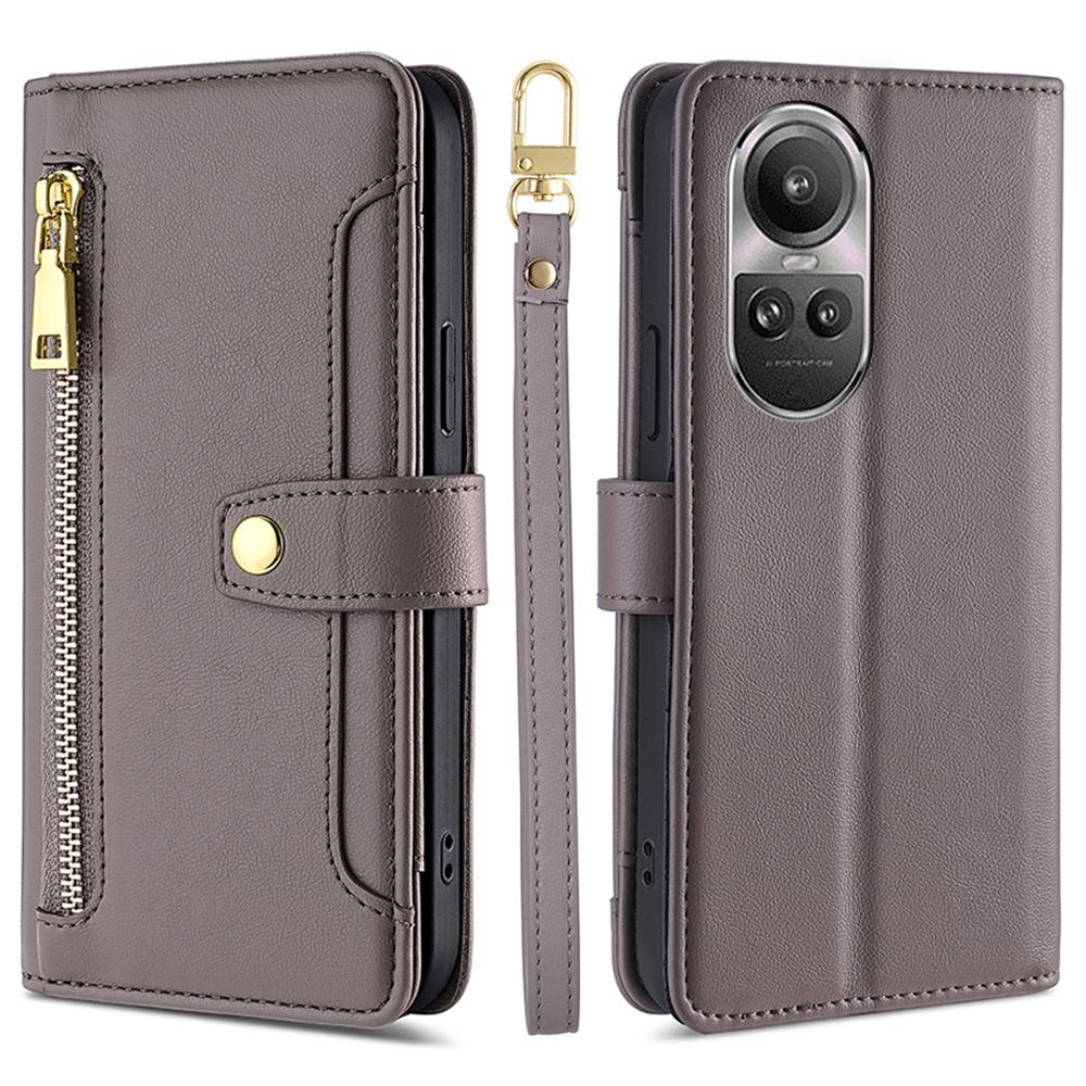 

For Oppo Reno10 5G (Global)/Reno10 Pro 5G (Global) Case Leather Zipper Wallet Phone Cover with 2 Straps Grey