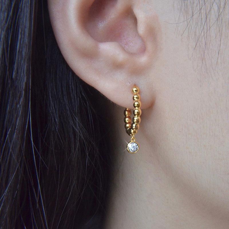 Smooth Gold Ball Bezel Set Single Diamond Charm Hoop Earrings Snap Closure Tiny Crystal Dangle Ladies Daily Accessories
