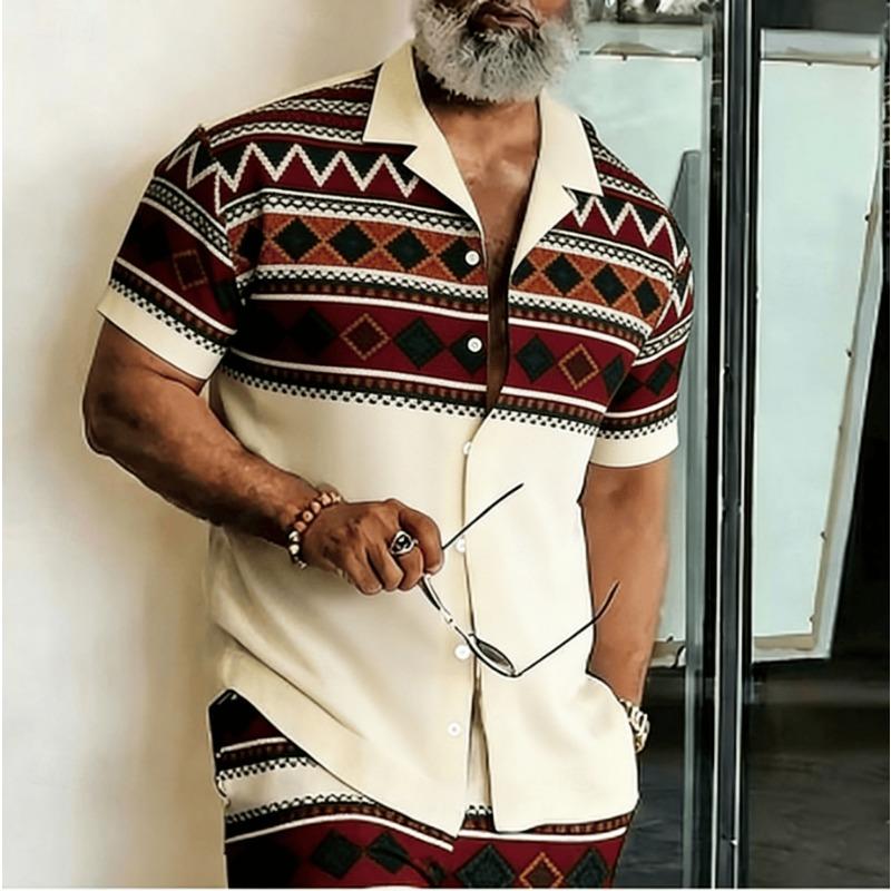 

Men s Ethnic Geometric Stripe Patchwork Short Sleeve Shirt, Spring Summer Bohemian Blouse, Loose Casual Top 2XL