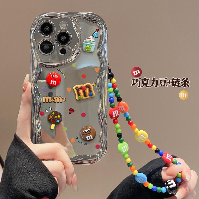 Cartoon M bean doll bracelet is suitable for Apple 16PRO mobile phone case, Huawei OPPO Xiaomi VIVO electroplated silver silicone.