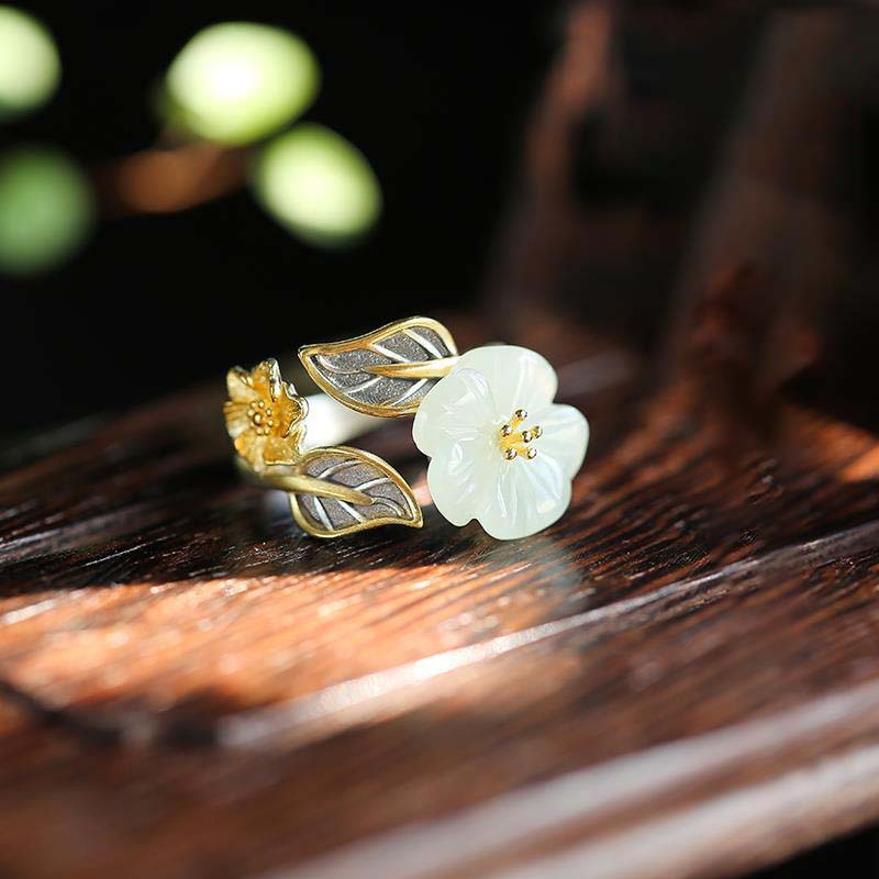 925 Sterling Silver Jewelry White Jade Plum Blossom Flower Finger Rings for Women Wedding Party Jewelry For Girls Friend Gift