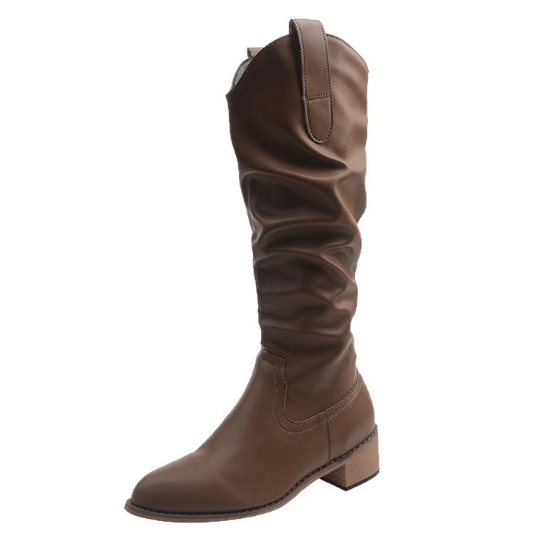 Vintage Brown V-mouth Stack Medium Tube Boots Women's Shoes 2025 Spring and Autumn Winter Pointed Western Cowboy Boots