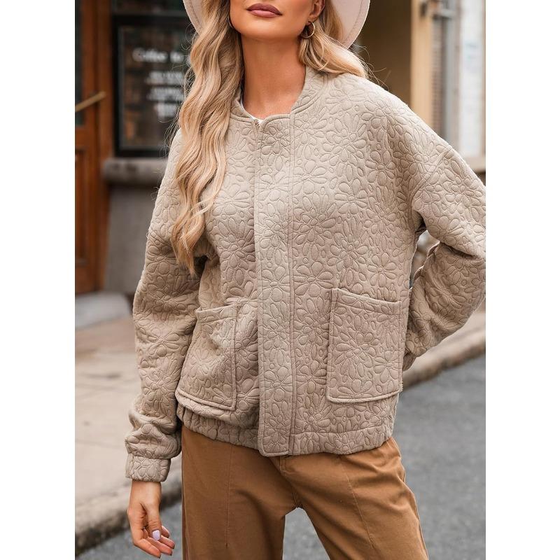 Damen Herbst Winter O-Ausschnitt Langarm Reißverschlussmantel Große Tasche Warmer Parka Schicke Einfarbige Jacke