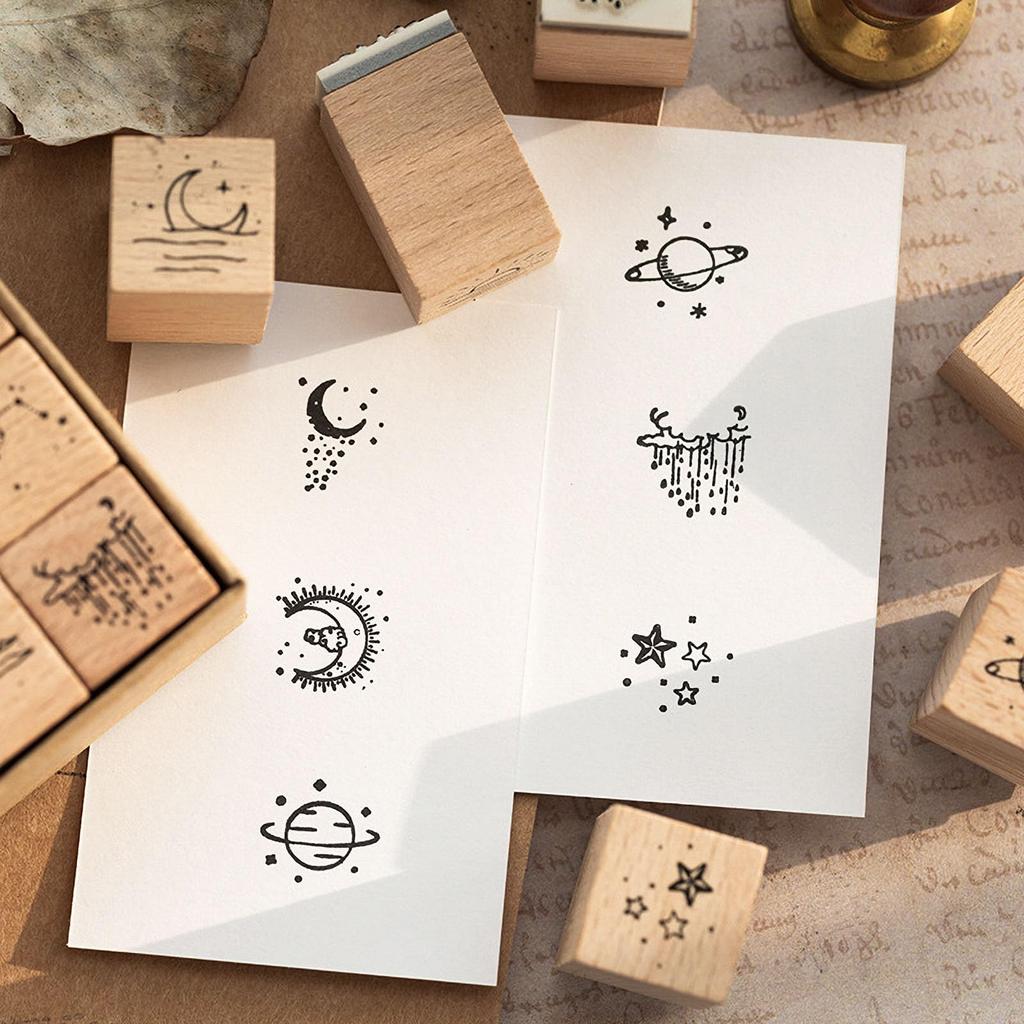 Audiophile Wooden Stamps Starry Sky Planet Moon Planner Diary Surreal Art Set of 16