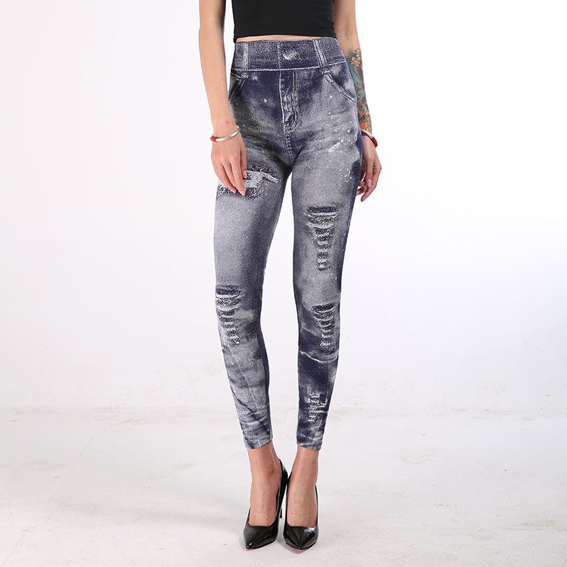 Women Slim Cropped Trousers Elasticity Casual Pants Imitation Denim High Waist Push Up Leggings