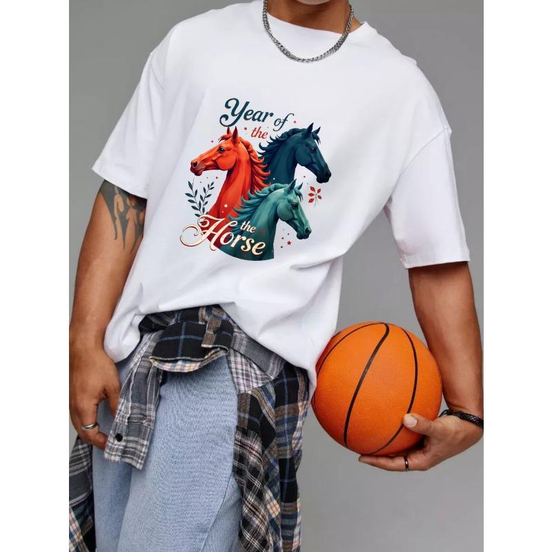 T-Shirt White Year of The Horse Print with Three Horses and Floral Design for Casual Wear