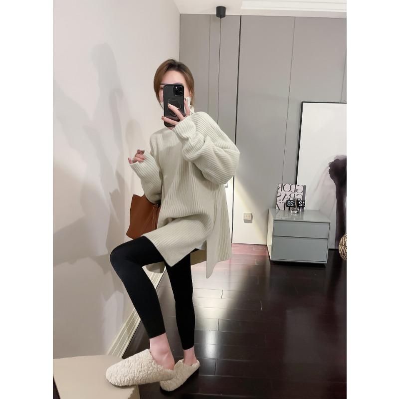 Soft Waxy Turtleneck Lazy Sweater Women's Autumn and Winter New Design Sense Versatile Split Fork Medium and Long Bottoming Top