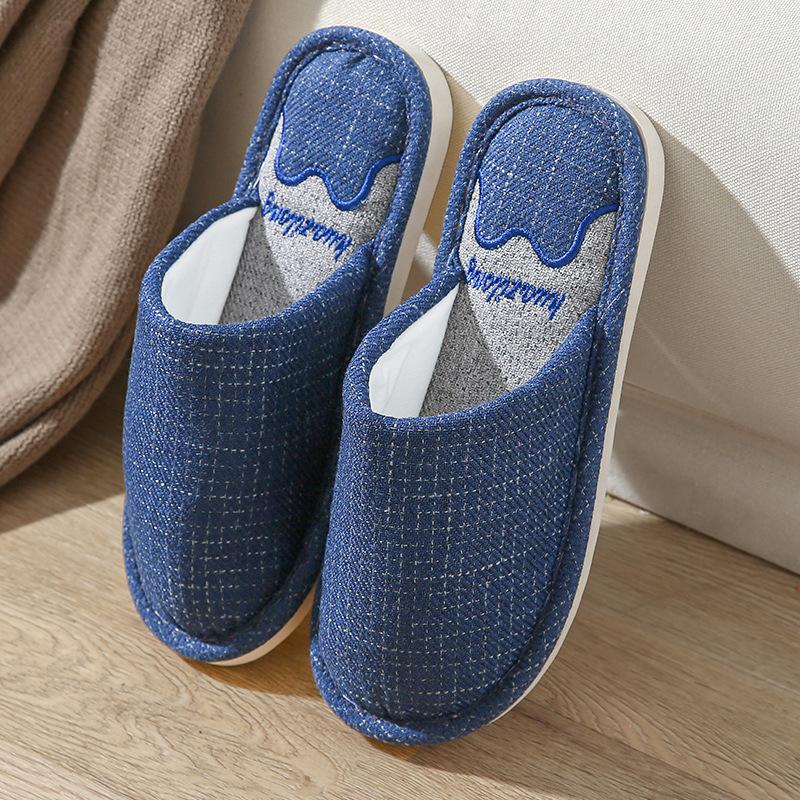 

Осенние и зимние тапочки, мужские домашние тапочки из хлопка и льна, впитывающие запахи и пот, женские тапочки из нескользящей ткани 44-45 синий