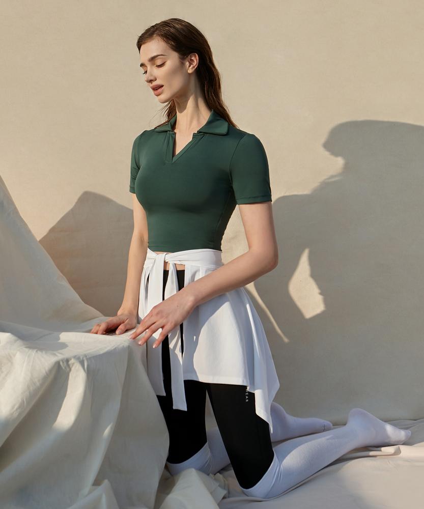 Debiweeo Air Fit Collar Crop Short Sleeve Devi-T0075-Deep Green