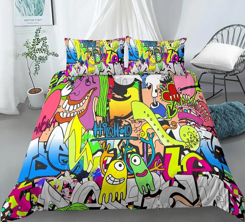Hip Hop Decor Duvet Cover Colorful Bedspreads Cover Graffiti Pattern Street Culture Theme Decor Bedding Set for Adult Kids Teen