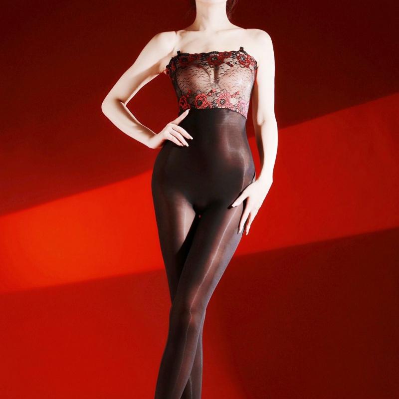 Sexy Glossy Transparent Lace Strapless Camisole Bodysuit 5D Ultra-Thin Silky Open-Crotch Temptation Stockings
