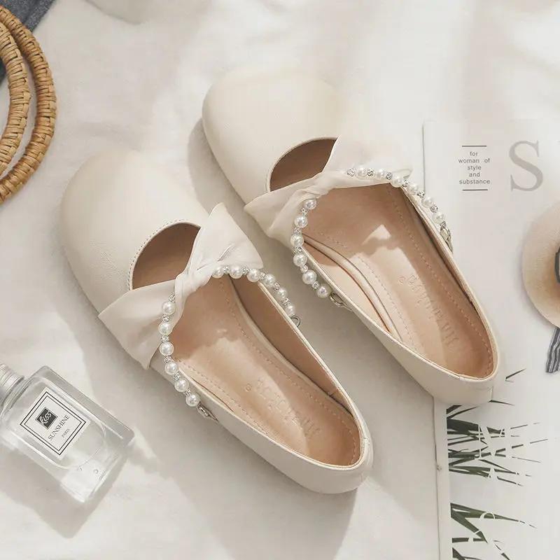 Fashion Low Heel Elegant Shoes for Women Round Toe Woman Flats Pearl Spring Wholesale Dress Young on Offer Summer 2025 Casual Y2k Slip