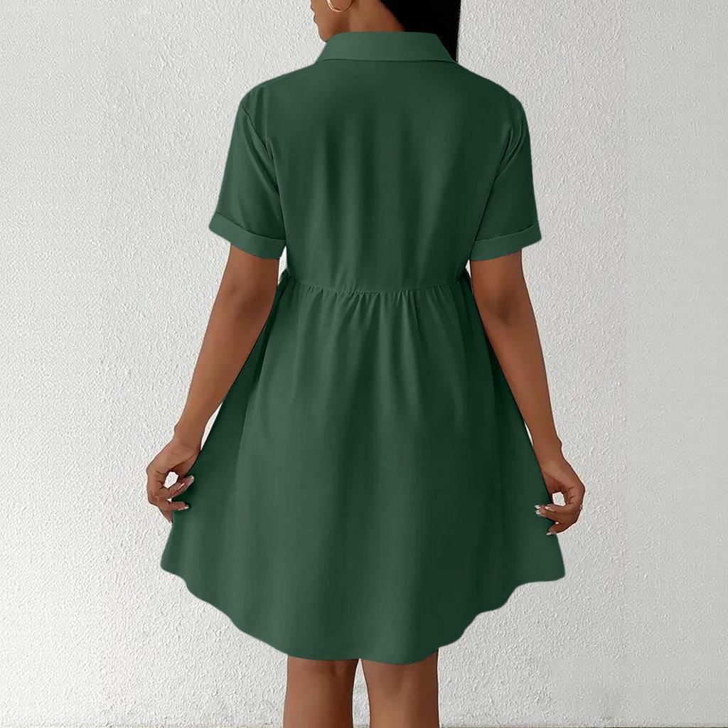 Women Short Sleeve Shirt Dress Button Down Collared Loose Fit Casual Mini Dress with Pockets Summer Style
