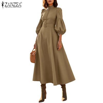 Women Fashion Stand Collar 3/4 Sleeve Elegant Casual A-line Dress