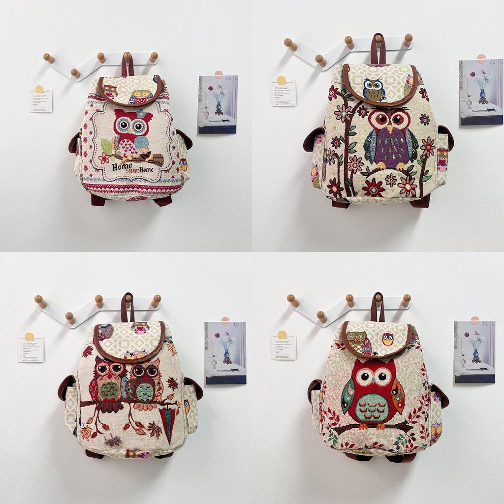 Owl Canvas Backpack With Drawstring Closure For Casual Daily Use