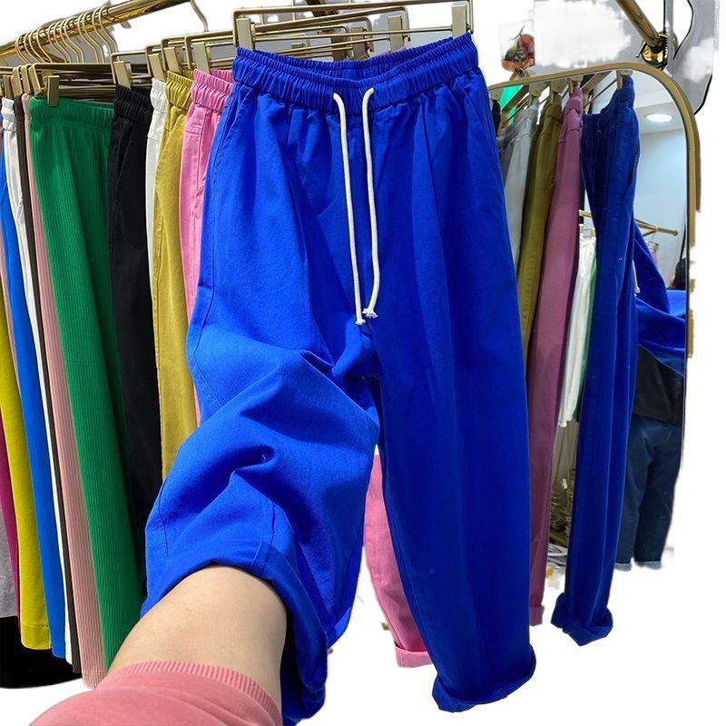 Women's Summer High-Waist Cotton Cropped Pants - Slimming, Harajuku Style, Plus Size, Elastic Waist, Lightweight Casual Wear