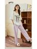 Summer Cotton Pajama Set for Women: Short Sleeve, Long Pants, Cute Design for Teens, Perfect for Spring and Summer.