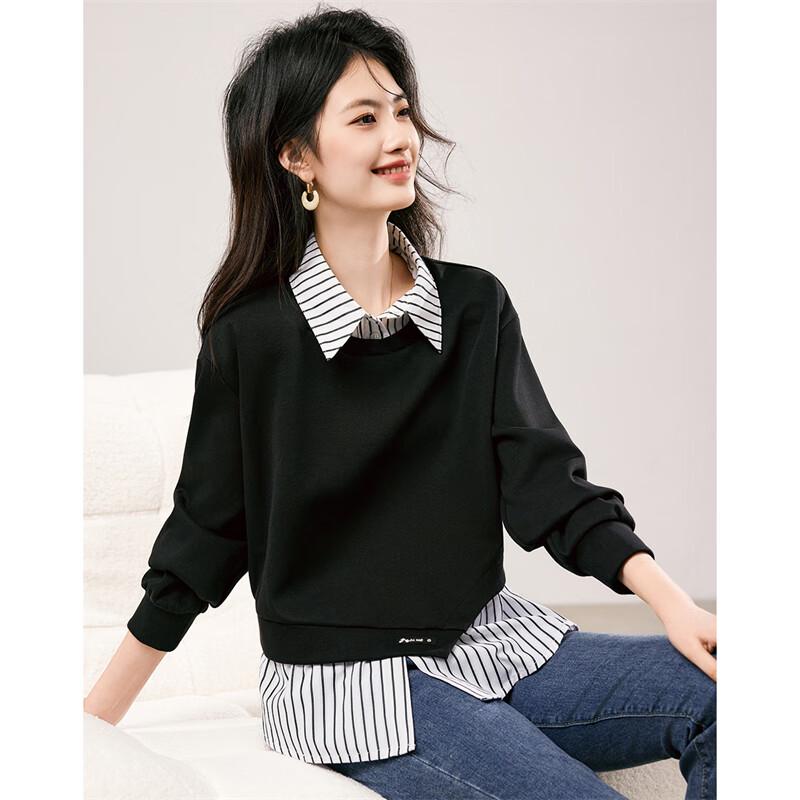Women's Striped Spliced Polo Collar Sweatshirt