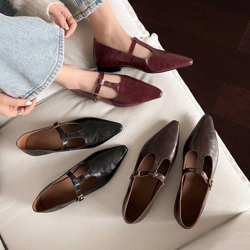 Four Seasons Soft Sole Leather Shoes New Women's Fashion Single Shoes Pointed Head Low Heel Non-slip Cow Sole Comfortable Leather Single Shoes Women