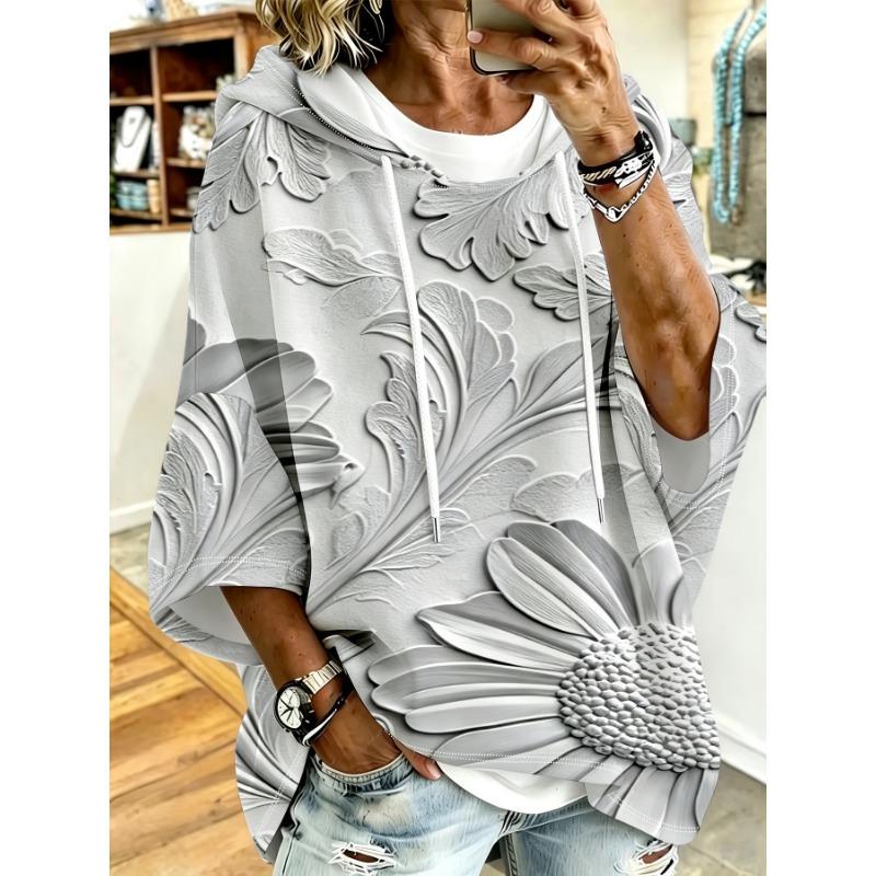 White Daisy Texture Loose Drop Sleeve Hoodie