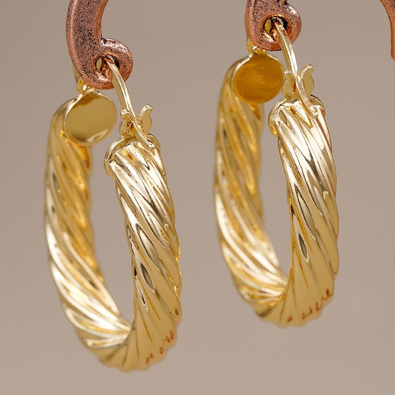Thick Twisted Cable Oval Hoop Drop Earrings Rose Gold Hook Gold Plated Retro Metal Dangle Earrings Ladies Casual Accessories