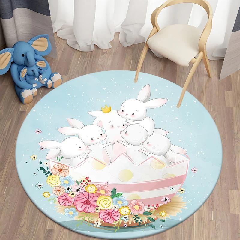 Cartoon Rabbit Girl Animal Flowers Round Carpet Cute Bunny Mouse Circle Rug Home Bedroom Living Room Floor Mat Chair Pad Doormat