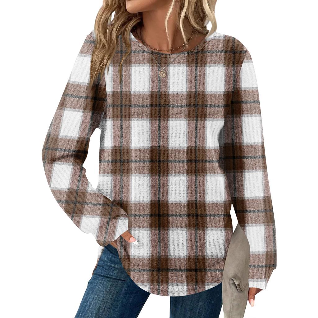 Damrutig tryck rund hals långärmad ledig lös topp