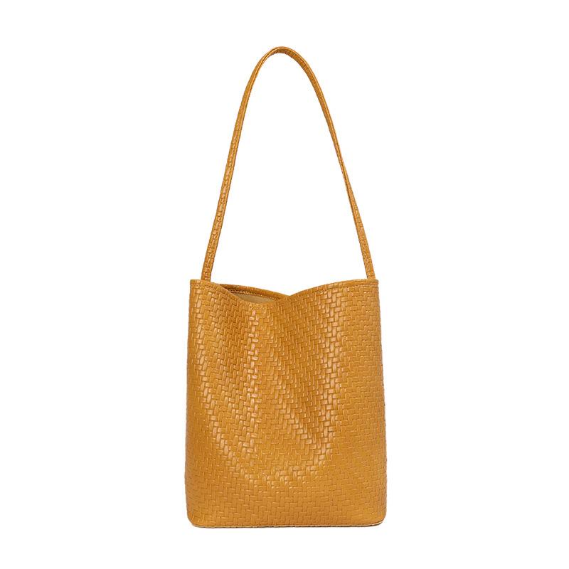 2026 Summer Korean Minimalist Woven Texture Bucket Bag - Large Capacity, Solid Color, Single Shoulder & Handheld
