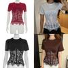 T-shirt da Donna Primavera Estate Pannello in Pizzo Manica Corta Top Casual Per Appassionati di Moda