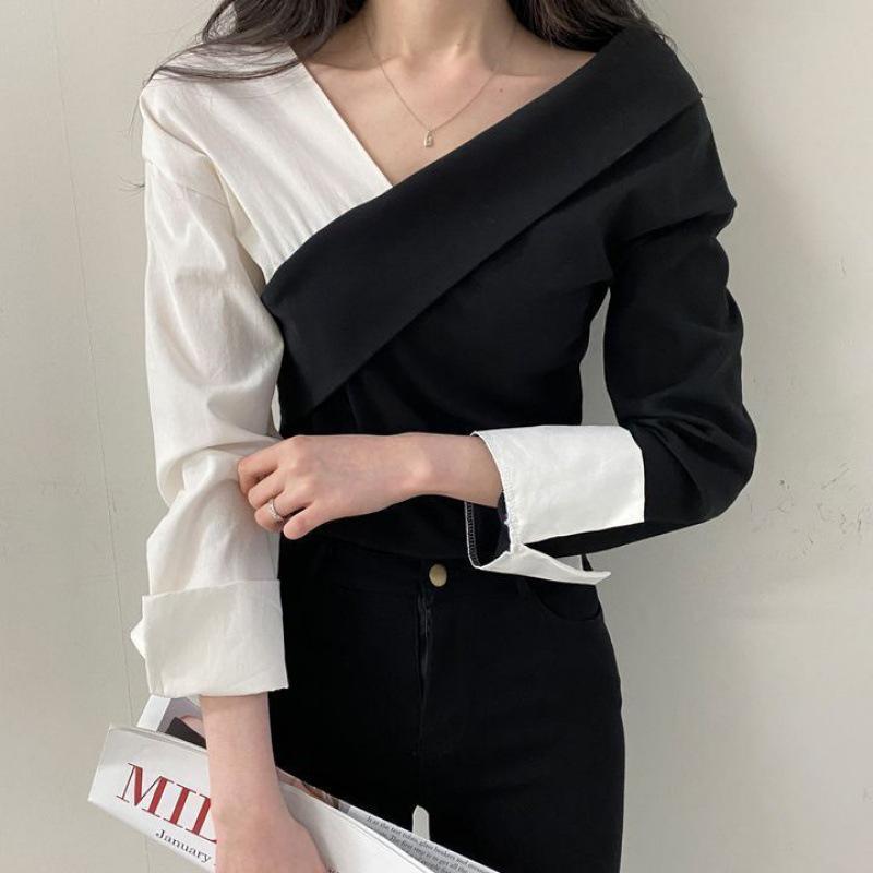 Koreanisches schickes schulterfreies Herbst-Retro-Kontrast-Top für Damen