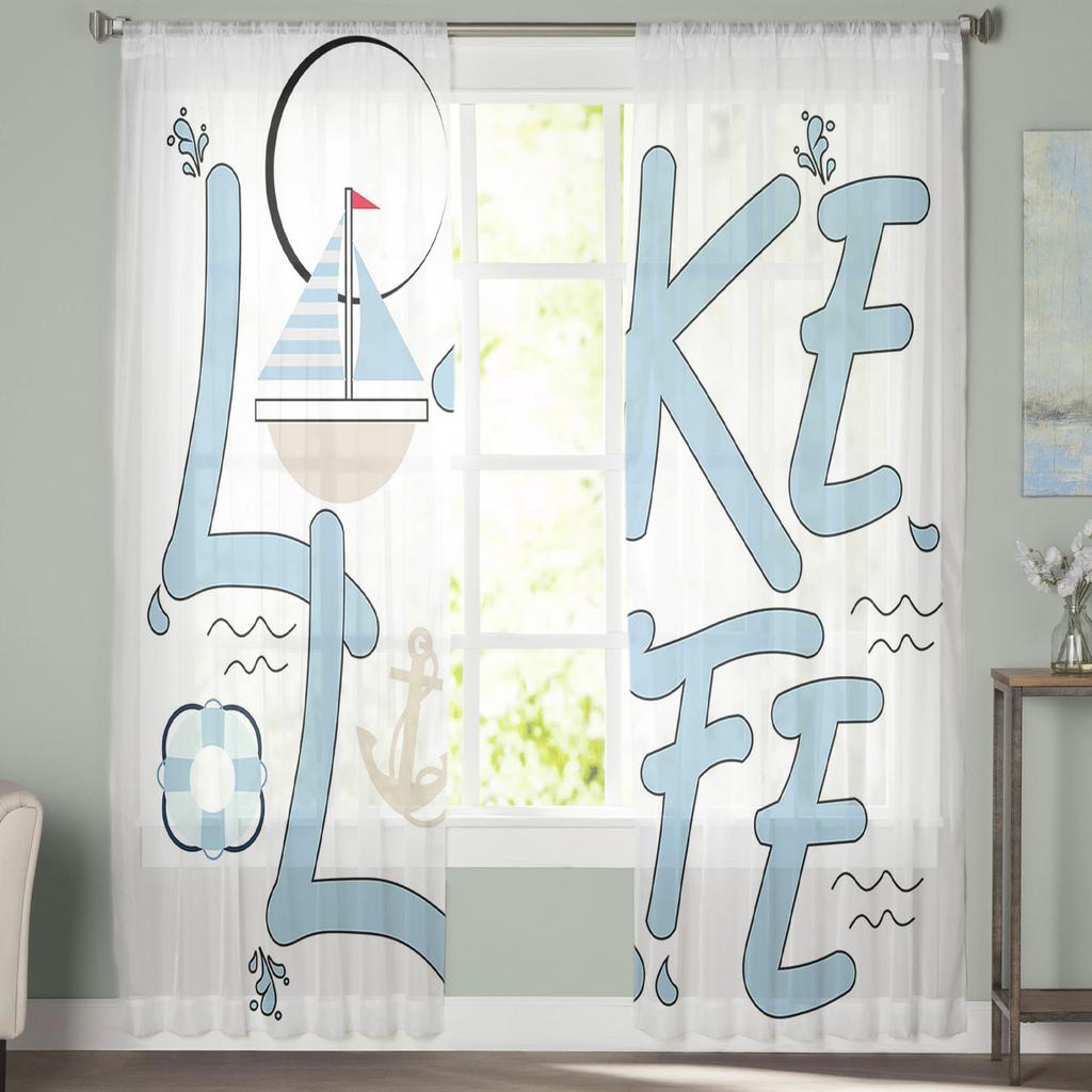 Blue Boat Anchor Lake Life Window Treatment Tulle Modern Sheer Curtains for Kitchen Living Room the Bedroom Curtains Decoration