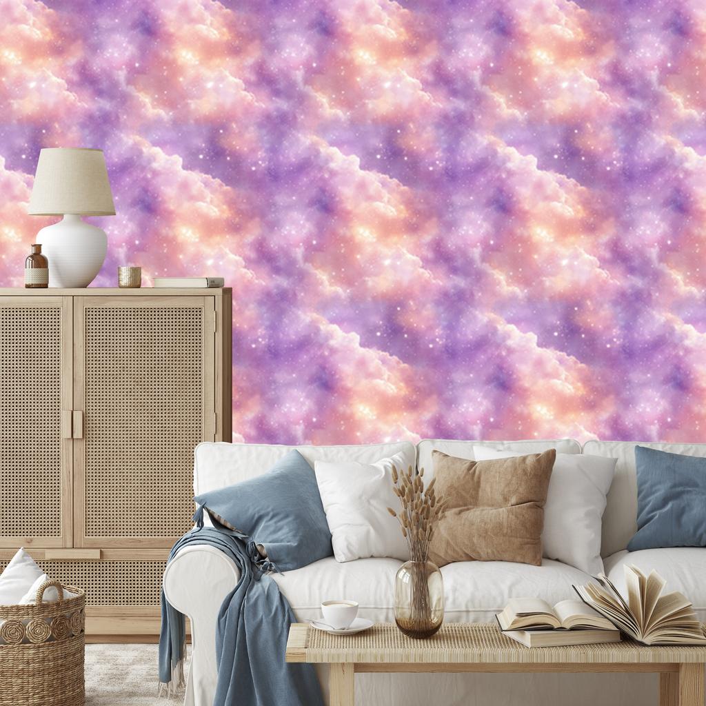 Watercolor Galaxy Wallpaper In Purple, Powder Pink and Coral 50x1000