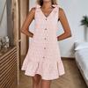 Women's Summer Fashion Color V-neck Bow Strap Button  Sweet Dress