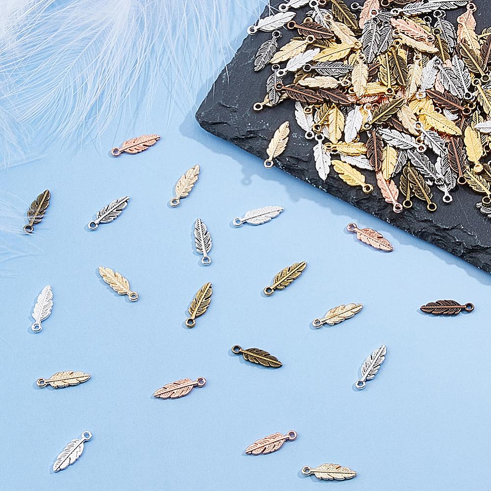 180Pcs 9 Colors Tibetan Style Zinc Alloy Pendants Feather Charms Mixed Color 15x4.5x1.5mm Hole: 1mm 20pcs/color