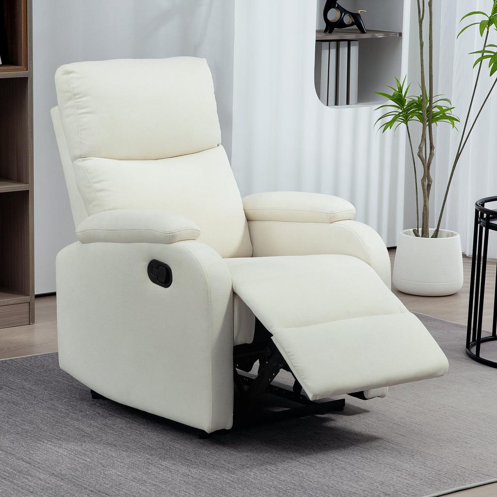 Manually Reclining Chair 60 Degree Extra Padded Fabric With Footrest Cream