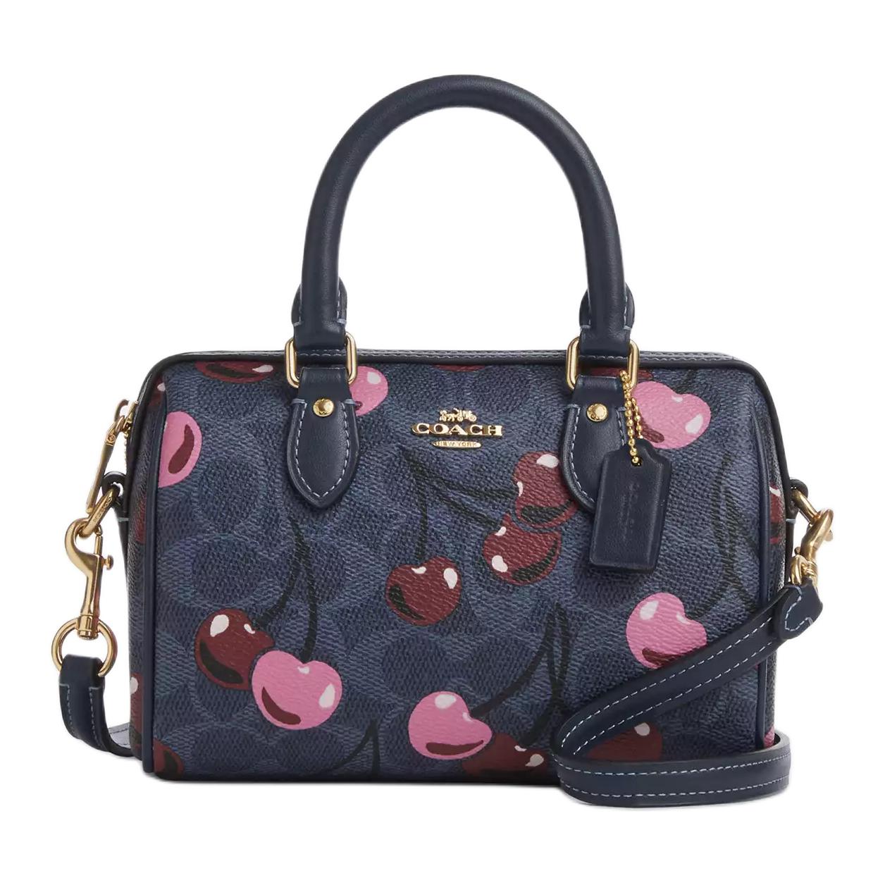 Coach Rowan 17 Brand Logo Cherry Print Leather Cylinder Bag Women Shoulder Bag Blue CY741-IMDEI Basic Set (Bag+Dust Bag)