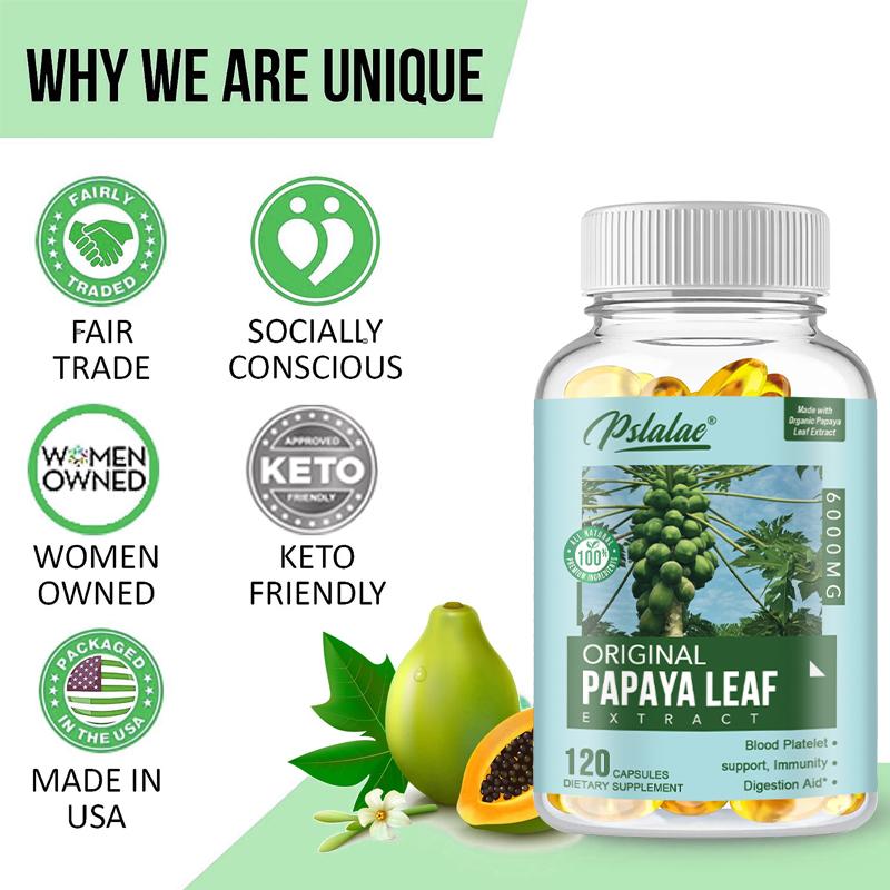 Pslalae Organic Papaya Leaf Extract Capsules 600mg 120 Count — 10:1 Concentrated Superfood with Enzymes