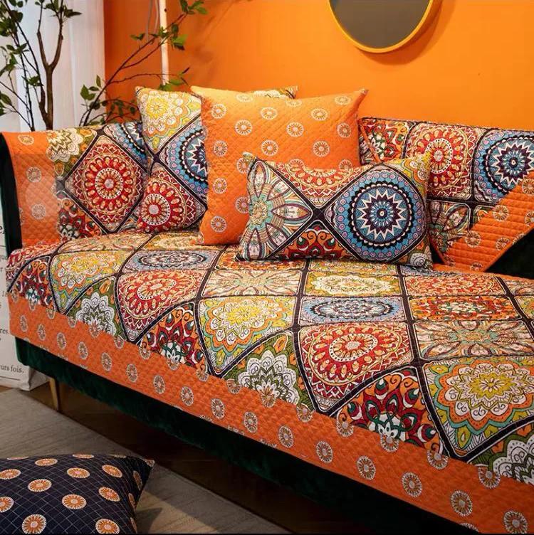 Bohemian Grid Patchwork Pattern Sofa Cushion  Pure Cotton Sofa Cover Pillowcase Anti Slip Dustproof Living Room Sofa Towel