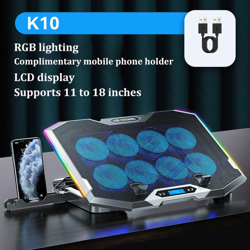 ICE COOREL K10 Охлаждающая подставка для ноутбука 8 вентиляторов RGB Охлаждающая подставка для ноутбука Охлаждающий радиатор Основание Охладитель для ноутбука для 12-18 дюймов чёрный